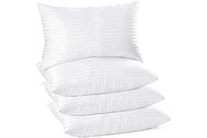 AmigoZone 4 Pack Hotel Quality Stripe Pillow - Bounce Back Pillow Cotton Blend With Virgin HollowFibre - Firm Support Anti Allergy Machine Washable - 48x74cm White Stripe - Pack of 4