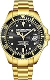 Stuhrling Original Herren Taucheruhr - Pro Sport Taucher mit verschraubter Krone und wasserdicht bis 330 Ft. - Analoges Zifferblatt, Quarzwerk - Depthmaster Kollektion (Gold/Black)
