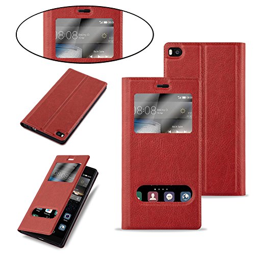 Huawei P8 Funda Estilo Libro de Cuero Sint  tico en ROJO AZRAF  N de Cadorabo  Dise  o VIEW      Cubierta Protectora con Cierre Magn  tico  Funci  n de Suporte y Doble Ventana     Protecci  n Carcasa Caja Etui Case Cover