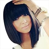 -- WINBOWIG Pelucas rectas naturales para el cabello humano Pelucas cortas de Bob Glueless con flequillo frontal Color negro natural 130% de densidad (12 inches, fabricado a máquina)