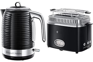 Russell Hobbs Inspire Bouilloire électrique 1,7 L 2400 W Noir/Argent & Toaster Grille-Pain, 3 Fonctions, Température Ajustable, Réchauffe Viennoiserie, Design Vintage - Noir 21681-56 Retro