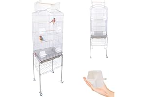 BAKAJI Klatka dla ptaków, nierozłącznych papug, papug lotnych, podnóżek i kół, szyberdach i karmnik, drewniane grządki, zdejmowana taca (biała)