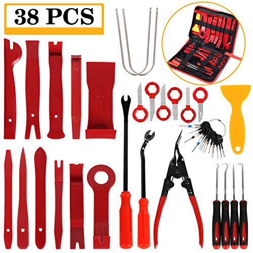 Autmor Kit de 38 outils de démontage de garniture, kit de levier, outil de démontage de panneau de voiture, kit d'outils de démontage de voiture, pince à clip auto, outil de démontage de(rouge)