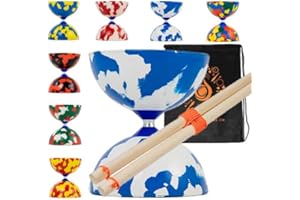 Juggle Dream Jester Diabolo Set with Wood Sticks - Pro Medium Rubber Diablo Set With Wooden Handsticks and Cascade Carry Bag (Blue and White)