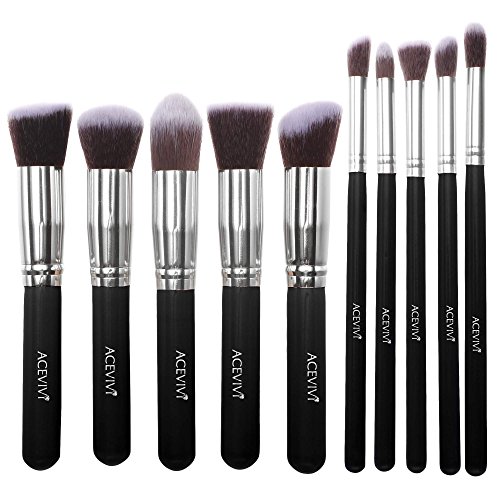 ACEVIVI Professional 10pcs Premium Synthetic Kabuki Makeup Brush Set Foundation Blending Cosmetic Brushes Essential Kit