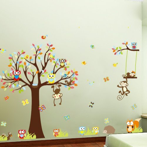 Colorful the Squirrel Owl Monkeys Playing on the Tree Wall Vinly Decal Decor Sticker Removable Wall Decal for Nursery Children's Bedroom by Rainbow Fox