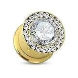eeddoo Flesh Tunnel Gold 6mm Kristall - Goldener Piercing Ohr Plug - aus nickelfreiem Edelstahl - Double Flare OHRTUNNEL mit Schraubgewinde für Damen & Herren - 6mm