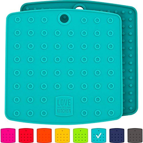 Premium Silicone Trivet Mats / Hot Pads, Pot Holders, Spoon Rest, Jar Opener, Coasters - 5 in 1 Kitchen Tool Heat Resistant to 227C, Thick and Flexible (17,8 x 17,8, Teal, Set of 2)