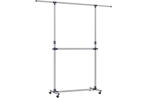 ‎SONGMICS SONGMICS Kleiderständer, Garderobenständer, verstellbare Kleiderstange, mit Rollen, aus mit Edelstahl plattiertem Rohr, LLR41L, (101-163) x 49 x (113-198) cm, Blue