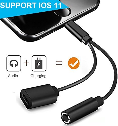 XSYFAFA Lightning Jack Headphone Adapter for iPhone7/7 Plus/8/8Plus iPhoneX/10 iPad iPod， 2 in 1 Lightning Cable Charge Adaptor and 3.5mm Earphone Splitter Adapter.metal Audio Jack Headphone CableAdaptor， Connector AUX Converter Earphone Adaptor Accessories，Support iOS11 or the Latest (Black)