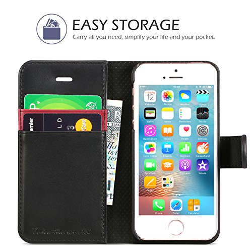 iPhone 5S Case, iPhone 5S Wallet Case, TUCCH [Lifetime Warranty] Magnetized Closure Card Slots Money Pouch, Retro Leather Wallet Case Purse Protective Cover Stand Feature Flip Book Case for iPhone 5s / 5 / SE - Black / Red