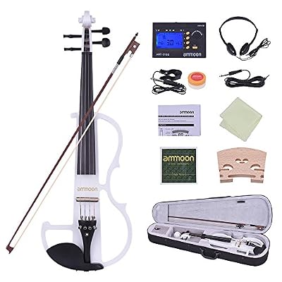 ammoon Violon Full Size 4/4 Solid Wood Électrique Silencieux Violon Fiddle Style-2 Ebony Fingerboard Pegs Chin Rest Tailpiece avec Bow Hard Case Tuner Casques Rosin Extra Strings & Bridge (blanc)