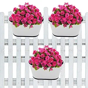 ecofynd Metal Railing Planter With Detachable Handle, White, 24 x 15 x 12.5 cm, 3 Pieces