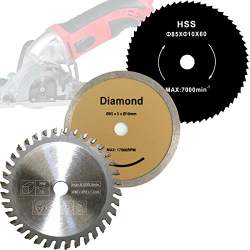 Mini Handkreissäge 3er-Set Sägeblatt HM Holz / HSS Holz Fein / Diamant-Trennscheibe 85x10mm für Skil 5330 AA