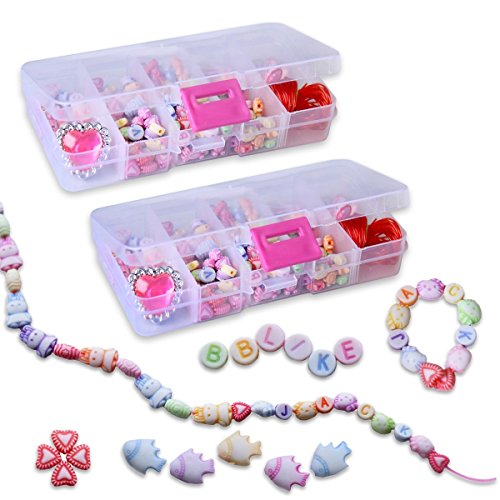 BBLIKE Children Beads Set 2 Boxes, 560pcs Beads Toy Mix Colors and Shapes for Jewelry Making Charm Bracelets, Toy Ring and Craft Beads String(4 m/13ft)