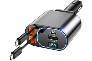 Retractable Car Charger 123W Car Phone Charger Car Power Adapter with Dual USB C Cables USB A PD QC 4 in 1 Fast Charging Ciga