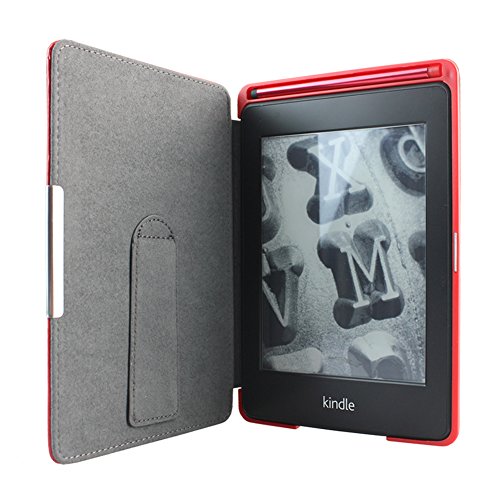 WISD® Lederhülle für Amazon Kindle Paperwhite 2016 / 2015 300 PPI 3.Generation / 2013 / 2012 Versionen Leder Schutzhülle Hülle Tasche mit Ständerfunktion + Auto Sleep/Wake Up Funktion + Stylus Pen + Displayschutzfolie-einfaches und nobles – Rot - 3