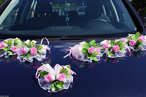 6 St. Autoschmuck Blumen Blüten Girlanden Hochzeit Autodeko Kunstblume NEU LA50 (Rosa) - 5