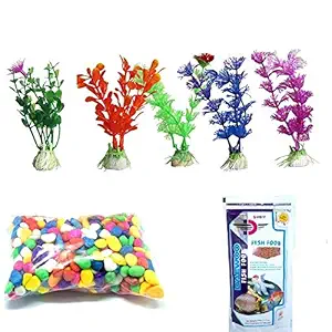 AQUAPETZWORLD Aquarium Decoration Kit Colorful Artificial Plant Fish Food Colorful Rainbow Gravel Pebble Stone Substrate for Fish Turtle Tank Bowl Decor (5 Plants+ 1kg Stone + 100g Fish Food)