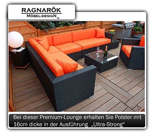 PolyRattan Lounge DEUTSCHE MARKE -- EIGNENE PRODUKTION 7 Jahre GARANTIE Garten Möbel incl. Glas und Polster Ragnarök-Möbeldesign (schwarz) Gartenmöbel