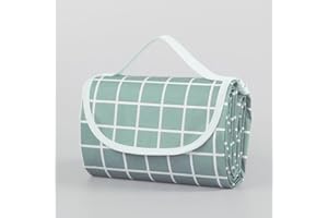 Menkala Picknickdecke Wasserdicht 200x200 cm Groß XXL Outdoor Stranddecke Sandfrei Strandmatte Krabbeldecke Faltbare Picnic Blanket mit Tragegriff Klettverschluss für 4-6 Personen Grün Kariert