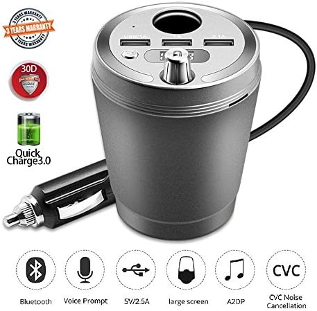 Bluetooth FM Transmitter Car Cup Charger with 3 USB Ports USB Car Charger 12V/24V Car Power Adapter 1-Socket Cigarette Lighter Splitter for iPhone iPad, Android Samsung GPS Dashcam TIANSHILI