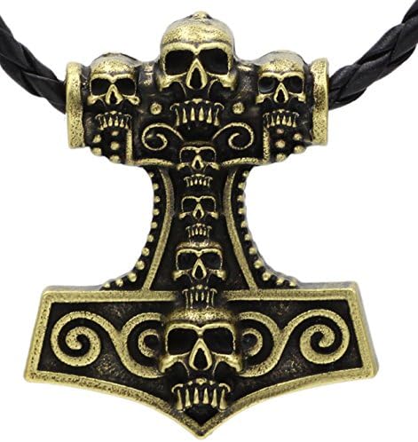 PRETTYROSARY Viking Thor`S Hammer Skull Necklace - Odin Hammer Large Amulet Mjolnir | Norse Skull Charm | Biker Thor Hammer PENDENT | Skull Jewelry Women Raven Skull | Animal Skull | Leather Bronze