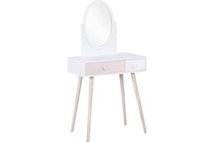 ‎HOMCOM HOMCOM Kinder-Schminktisch mit Spiegel, Kosmetiktisch mit Schminkhocker, Schreibtisch, Prinzessinnen Frisiertisch, Schubladen, Kindertisch für Kinder Mädchen Massivholz Weiß 69 x 49 x 136 cm