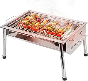 JENY Charcoal Grill BBQ Stove Barbecue Stainless Steel Folding Portable Picnic Patio Camping Silver Outdoor Backyard Garden Party