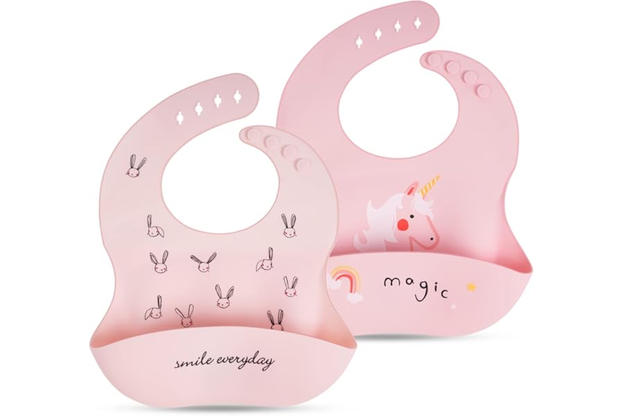 Vicloon Silicone Baby Bib, Baby Weaning Bibs, Waterproof Baby Feeding Bibs Adjustable with Wide Food Catcher Pocket Unisex Toddler Bibs