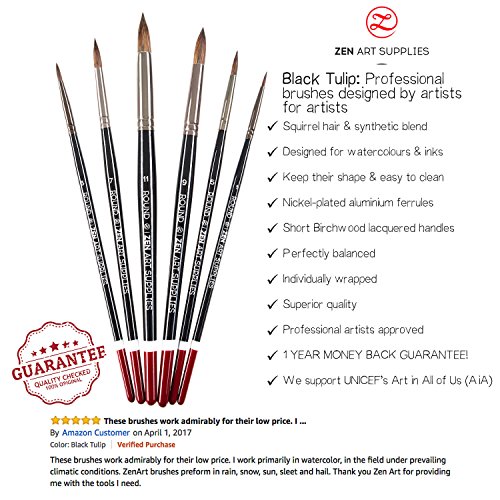 Künstler Pinsel Set für Gouache, Wasserfarben und Flüssige Acrylfarben – 6 Stück – Mischung aus Runden, Spitzen Langlebigen Eichhörnchen und Synthetik Haaren mit Kurzem Stiel – Black Tulip von ZenArt - 4