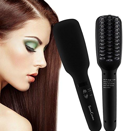 Hair Straightener Brush, YANX Anti-Static Ceramic Hair Straightening Brush 2-in-1 Electric Heating Anion Hair Brush with a Travel Bag (Black)