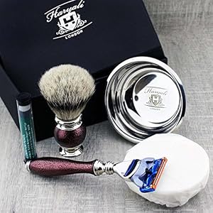 Haryali London 5Pc Mens Shaving Kit Safety Razor, Silver Tip Badger Hair Brush, Soap, Bowl and Alum Set For Men - Image 3