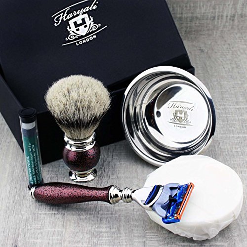 Haryali London 5Pc Mens Shaving Kit Safety Razor, Silver Tip Badger Hair Brush, Soap, Bowl and Alum Set For Men - Image 3