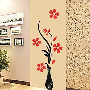 Decals Design Wall Sticker Red Flowers With Vase Home Office Decoration Vinyl