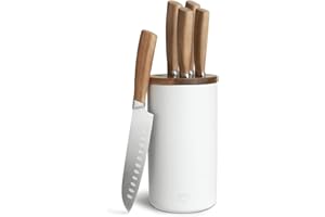 SPRINGLANE KITCHEN SPRINGLANE - Ceppo portacoltelli in ceramica, 6 pezzi, con inserto in legno di acacia, lama in acciaio tedesco, con manici in legno di acacia, colore: Bianco