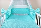 Baby Bettwäsche 5tlg Bettset mit Nestchen Kinderbettwäsche Himmel 100x135cm NEU Sternchen grau/Pünktchen Türkis Vollstoffhimmel - 3
