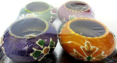 Pack of 4 Large Mutki in four dfferent colours Orange,Green, Purple, Pink Plum with Glitter Leaf design Diwali Diya filled with Wax