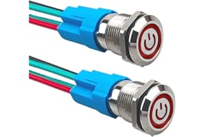 Aiqeer 2 Stück 12 mm Rastend Druckschalter, 12V / 24V 3A Auto Zündung Starter Schalter, IP66 Wasserdichter Edelstahl Druckschalter, mit Vorverdrahteter Steckdose (Rot LED)