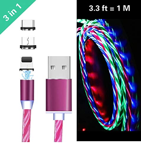 Ruibo Sike Câble USB magnétique 3 en 1, 2,4 A High Speed USB vers Micro USB Câble de Chargement - LED Fluide Violet