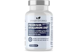 ‎STEIGER NATURALS Steiger Naturals Hyaluronsäure Kapseln – Hochdosiert: 510 mg. 90 Stück (3 Monate). Mit Ceramiden und Vitamin C, B12, Zink. Hyaluron Kapseln mit 500-700 kDa und Vegan