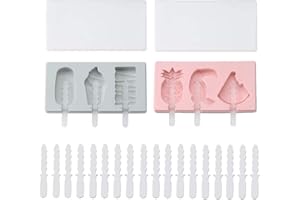 WHATUNEED Silicone Ice Cream Moulds with Covers, DIY Ice Lolly Moulds,BPA Free Popsicle Maker with Cute Patterns for Kids（2 x Moulds + 28 x Sticks）