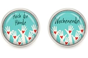 SCHMUCK-STADT Unisex Edelstahl Ohrstecker " Hoch die Hände ! Wochenende " Spruch Motiv Cabochon Ohrringe Silber-farben