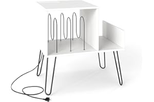 Multigot Record Player Stand with Charging Station, Wooden Turntable Stand Holds Up to 145 Albums with Metal Legs and Removable Dividers, Vinyl Record Storage Cabinet for Living Room (White)