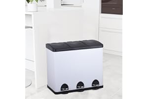 STARNINE 60L Triple Compartment Recycling Bin 3 Compartment Kitchen Pedal Dust Bin Stainless Steel Commercial Waste Bin With Free 28 Roll Bin Bag Liners & Stickers (White, 60L)