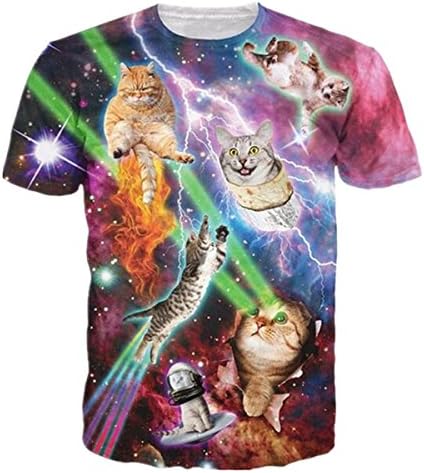 HWHColor Men Women Laser Eyes Cats T Shirt Galaxy Graphic Tee