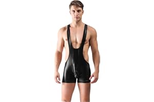 BaronHong Hombres Mankini Body Singlet Leotardo Racerback Shiny PU Leather Boxer Briefs Wrestling Jumpsuit