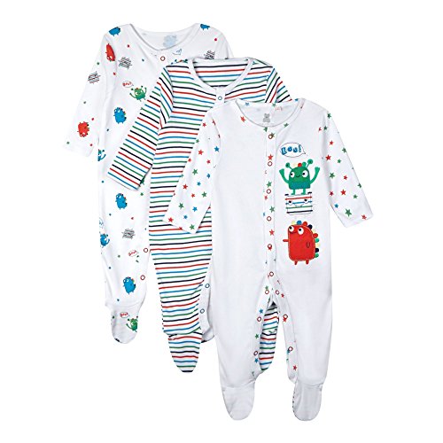 Bluezoo Kids Pack Of Three Babies White Monster Sleepsuits 6-9 Months
