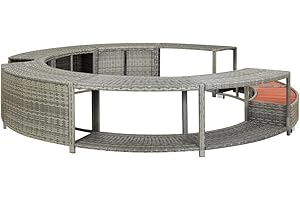 vidaXL Whirlpool Surround with Storage Space Round Pool Border for Spa Grey Poly Rattan Steel Frame Eucalyptus Hardwood