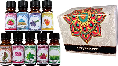 Aceites Esenciales Perfumados Concentrados en Caja de Regalo (Pack 9 botellas) - Ref45 - Valles Floridos. Incluye Fragancias exclusivas Abeto Rojo, Miel, fresa,Geranio, Lavanda etc 10ml cada uno envase de vidrio + Vela Gratis .Envio Rapido desde España